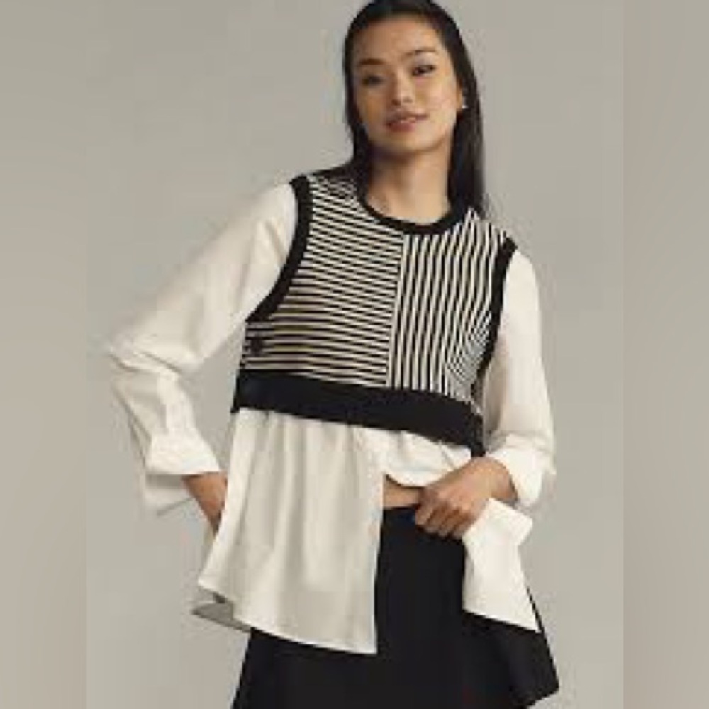 Anthropologie Maeve Long-Sleeve Linen Twofer Sweater Vest Top